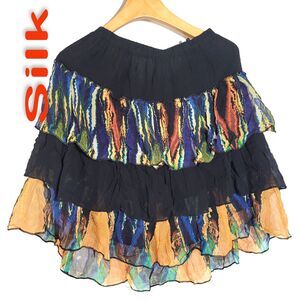 Women's 100% Silk Size XXS XS S M A-Line Layered Skirt Elastic Waist SBK158